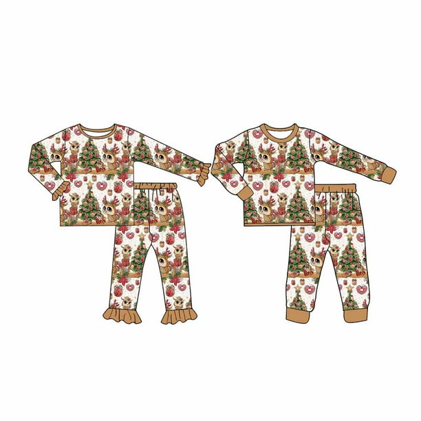 Christmas Brother and sister pajamas set Boys and girls Long pants Long sleeve pajamas Red Santa pattern milk silk fabric Walmart