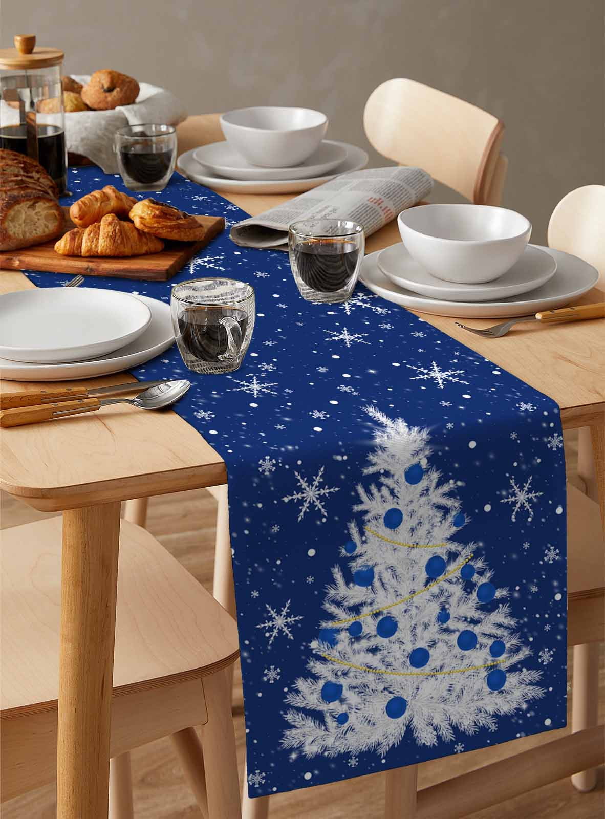 Ldtrchee Navy Blue Christmas Tree Table Runner 70 Inches, Balls Snowflake Xmas Tree Bed Runner Dresser Scarves Tabletop for Indoor Outdoor Parties/Ceremony/Banquet, 13" x 70"