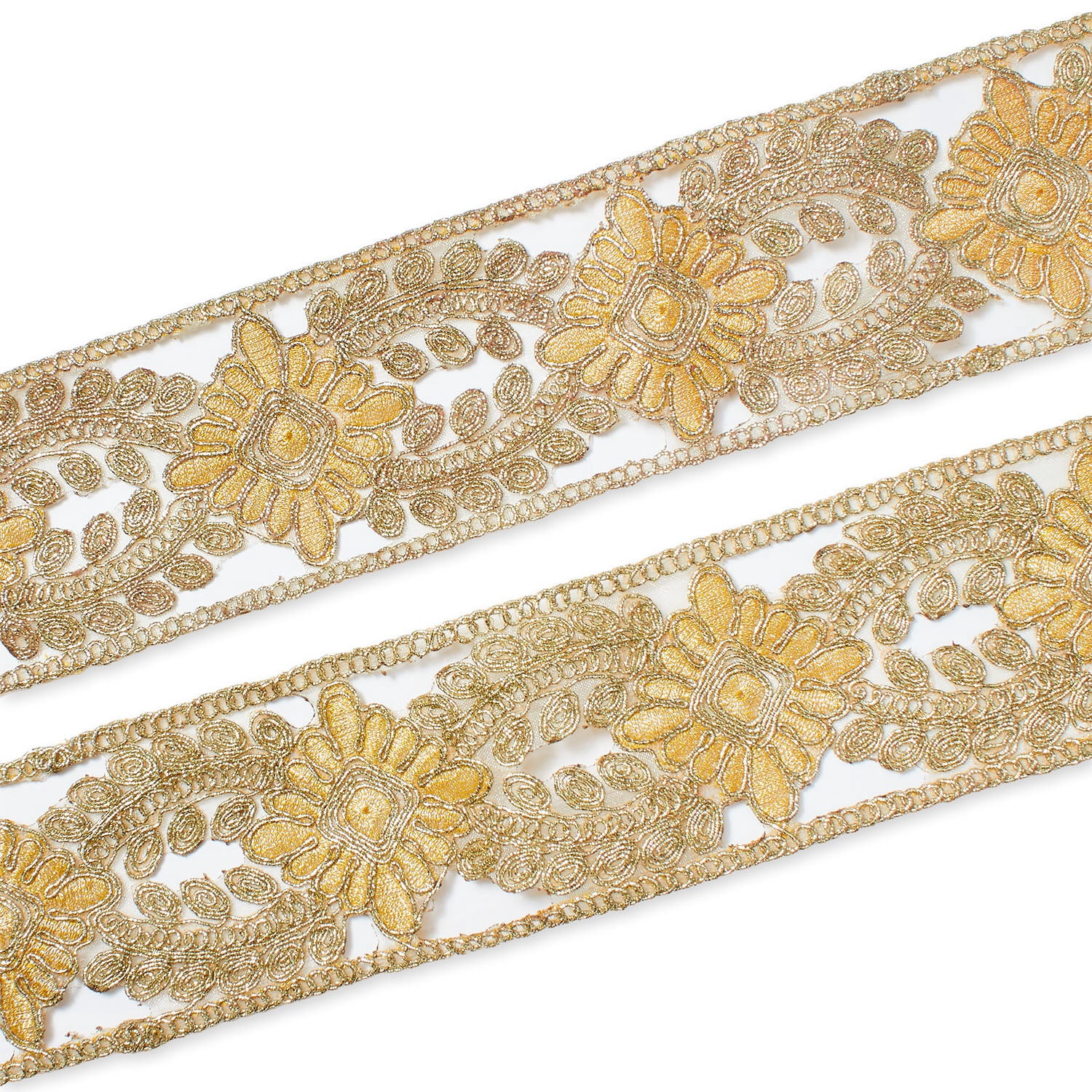 Mesh Lace Trim 2.5 Inch Sheer Floral Metallic Corded Embroidery 9.8 Yard (9 Meter) Pack - Gold, 5 Packs