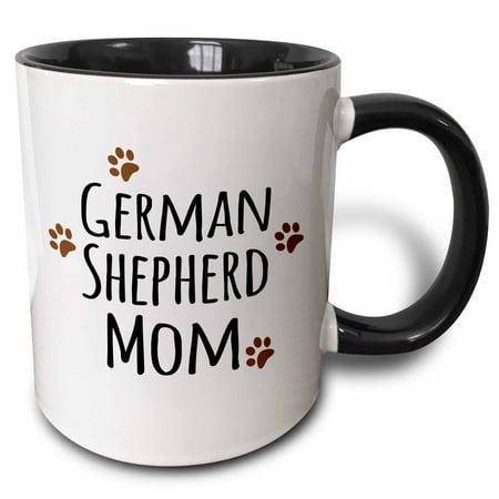 Breed Coffee Mug - 3dRose German Shepherd Dog Mom - Alsatian - Doggie by breed - brown muddy paw prints - doggy lover mama, Two Tone Black Mug, 11oz