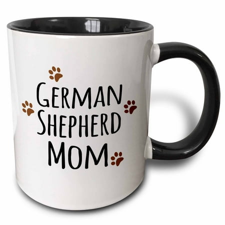 3dRose German Shepherd Dog Mom - Alsatian - Doggie by breed - brown muddy paw prints - doggy lover mama, Two Tone Black Mug,