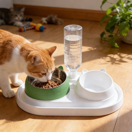 2-in-1 Pet Bowl with Neck Support Design 15.75 x 9.06 x 3.94 Inches Food & Water Combo Bowl for Cats Dogs 15&deg; Tilted Bowl & Non-Slip Base for Comfortable Feeding & Drinking
