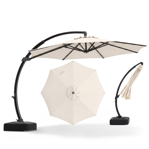 Costway 11 FT Cantilever Patio Umbrella with Base, 360° Rotation & Tilt Adjustment for Yard Beige
