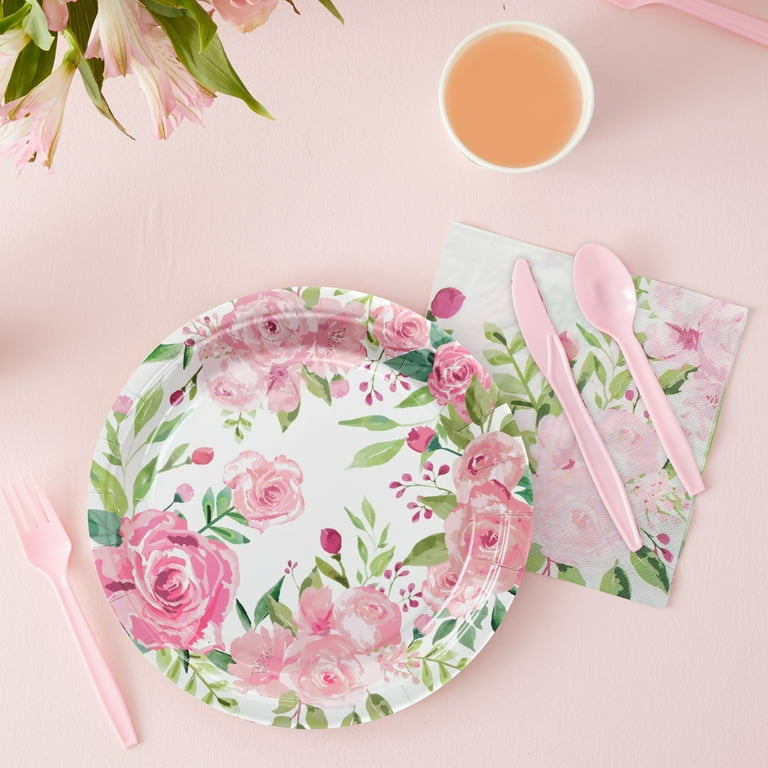 BLUE PANDA 144 Piece Vintage Style Tea Party Supplies Includes Disposable Floral Paper Plates Napkins Cups Cutlery For Baby Showers Weddings