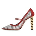 thumbnail image 2 of FSJ Women Pointed Toe Rhinestone Mesh Pumps Single Band Chain Chunky High Heels Elegant Prom Party Evening Shoes Size 8 Red, 2 of 5