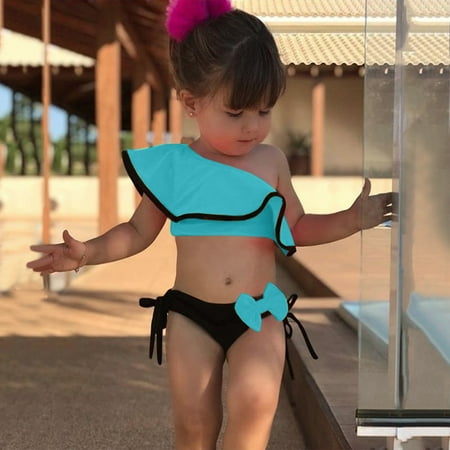 RTKFRFL Swimsuits For Teens 2 Piece Summer Toddler One Shoulder Ruffles Bowknot Off Shoulder Bikini Swimwear Beachwear Bathing Suit