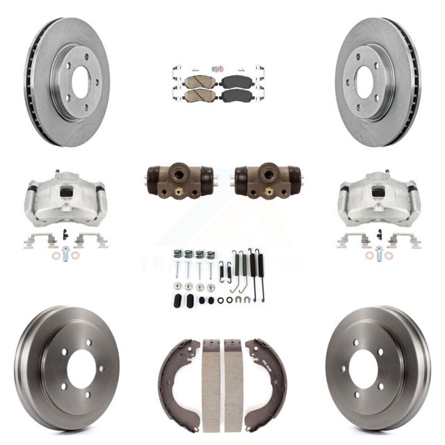 Transit Auto Front Rear Disc Brake Caliper Rotors Drums Ceramic Pads Shoes Wheel Cylinders and Hardware Kit (11Pc) for Car Dodge Caliber KC8-101720N