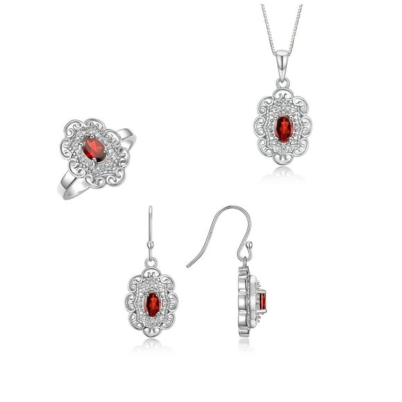 RYLOS Bijoux Assortis Collier Pendentif Halo Floral en Argent Sterling, Boucles d'Oreilles et Bague. Pierre Précieuse et Vrais Diamants, Chaîne de 18 Pouces. Grenat 6x4 mm Pierre de Naissance de Janvier; Taille 6