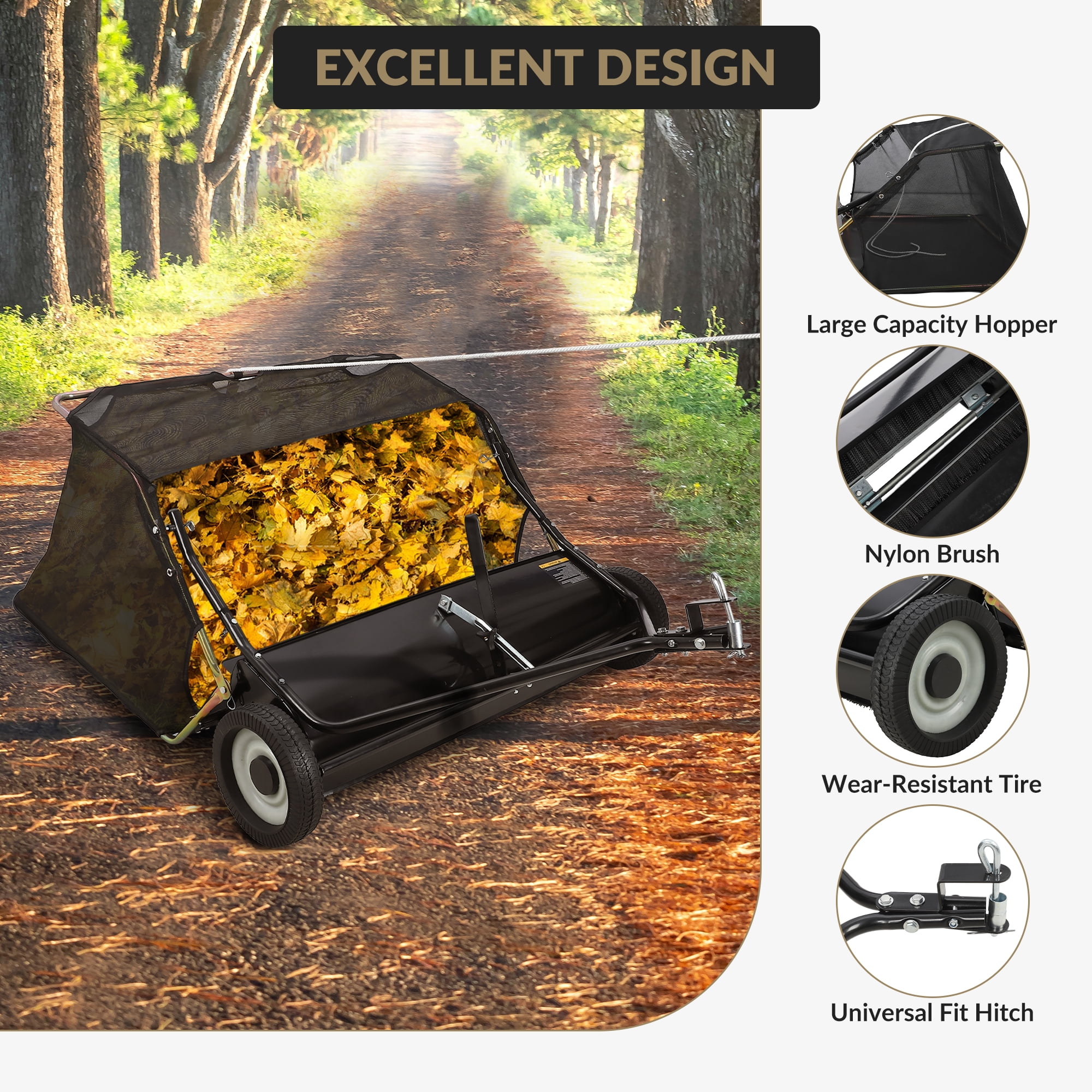 Tow-Behind Lawn Sweeper, 48" Pull-Behind Leaf & Grass Collector, Large-Capacity Debris Sweeper with Adjustable Brush Height and Easy Dump Rope for Lawn Clippings