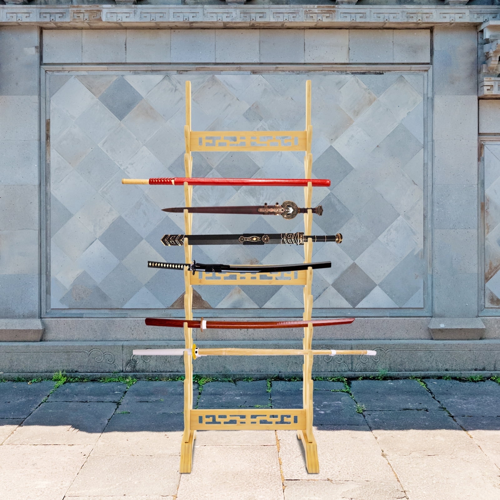 ToppiJoy 20 Tier Wooden Vertical Sword Display Stand, Multiple Samurai Katanas Swords with 3 Spear Holes (Wood Color)