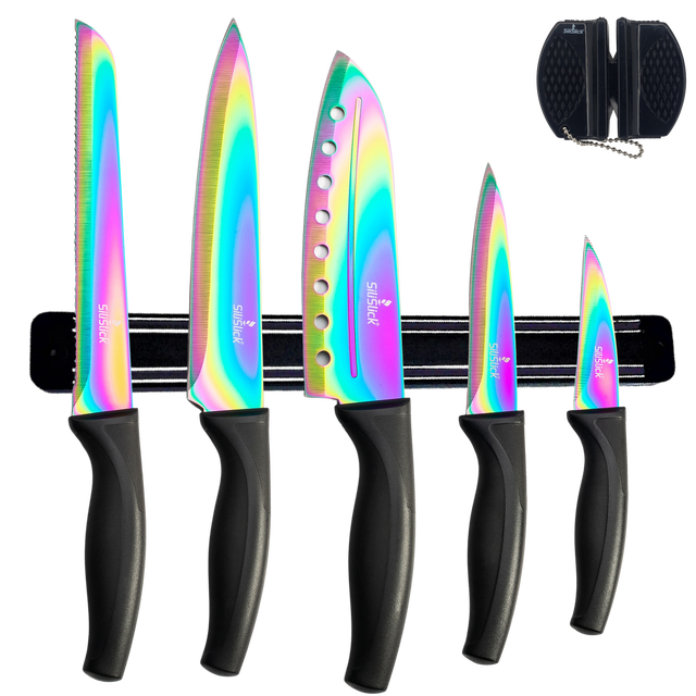 SiliSlick Juego de Cuchillos de Cocina, Hojas de Colores de Acero Inoxidable con Revestimiento de Titanio, Soporte Magnético y Afilador Portátil