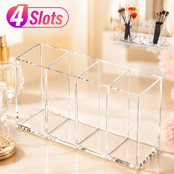 Emlimny Acrylic Makeup Brush Holder Organizer with 4 Slots - Acrylic Pen Holder,Waterproof Portable Clear Pencil Holder Organizer Makeup Brush Holder Brushes Storage for Desktop Countertop