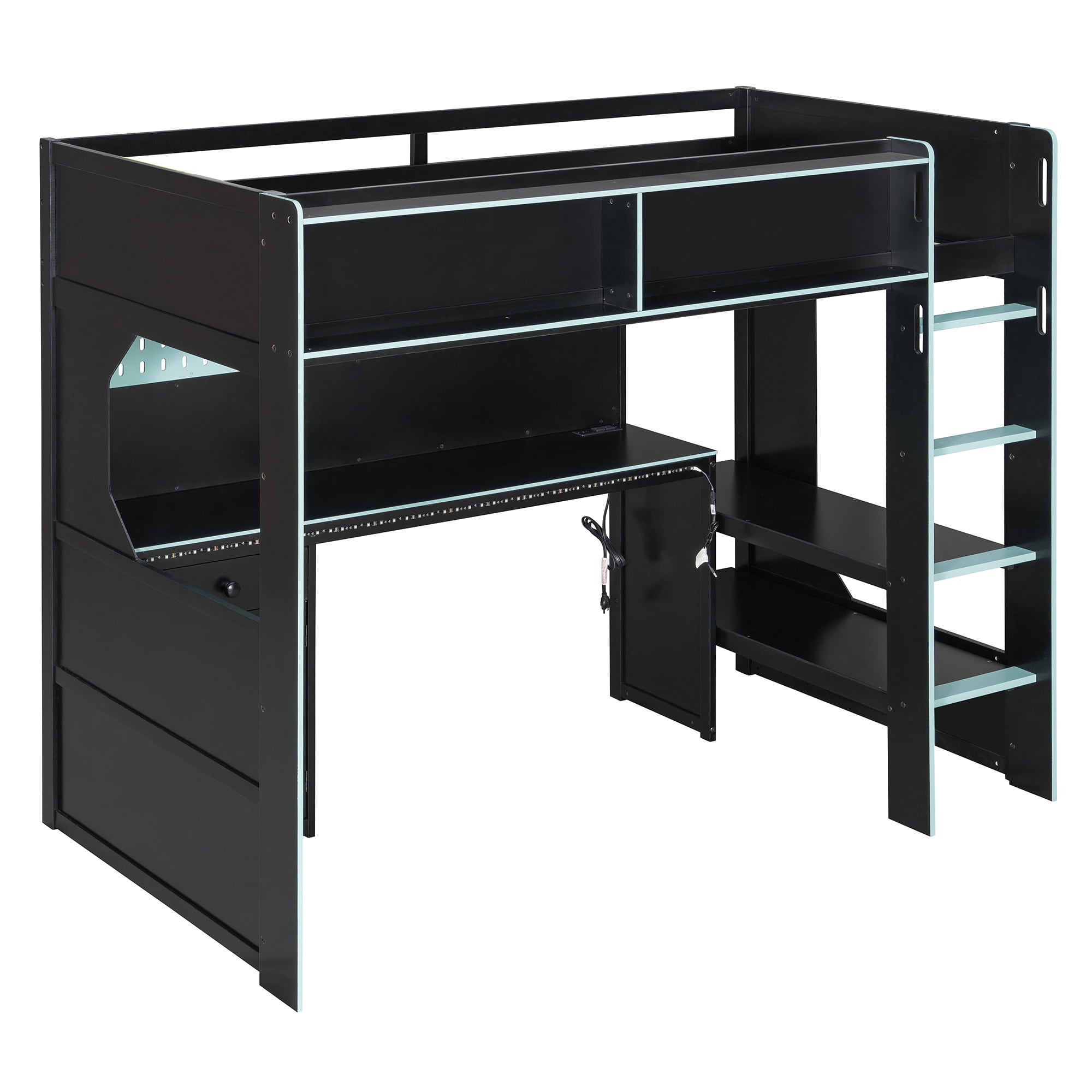 Aukfa Twin Size Gaming Loft Bed with Desk, LED Lights, Charging Station & Storage Shelves/Cabinet, Wooden Bed Frame for Kids, Black/Blue