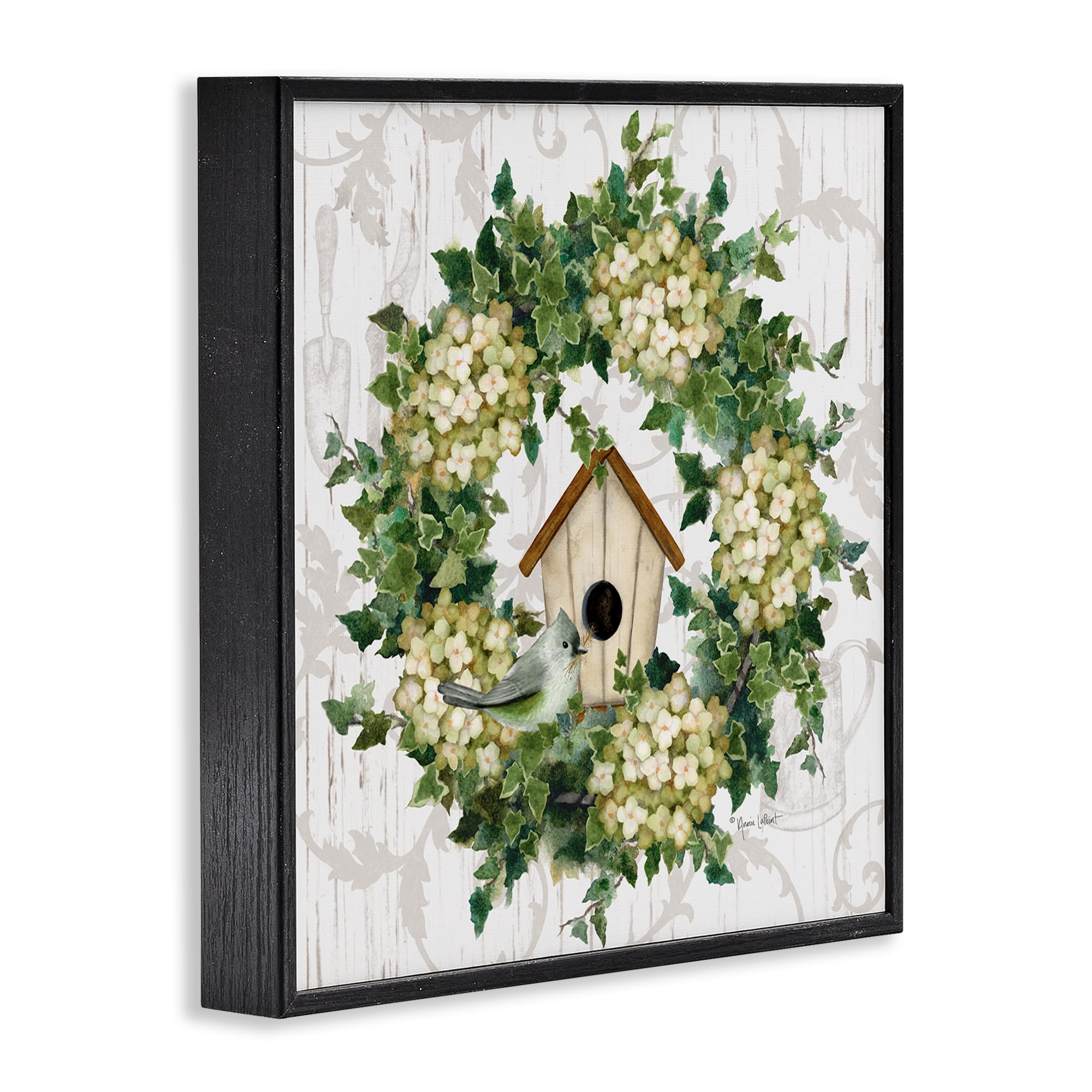 Stupell Industries Spring Birdhouse Wreath Botanical & Floral Painting Black Framed Art Print Wall Art, 24 x 24