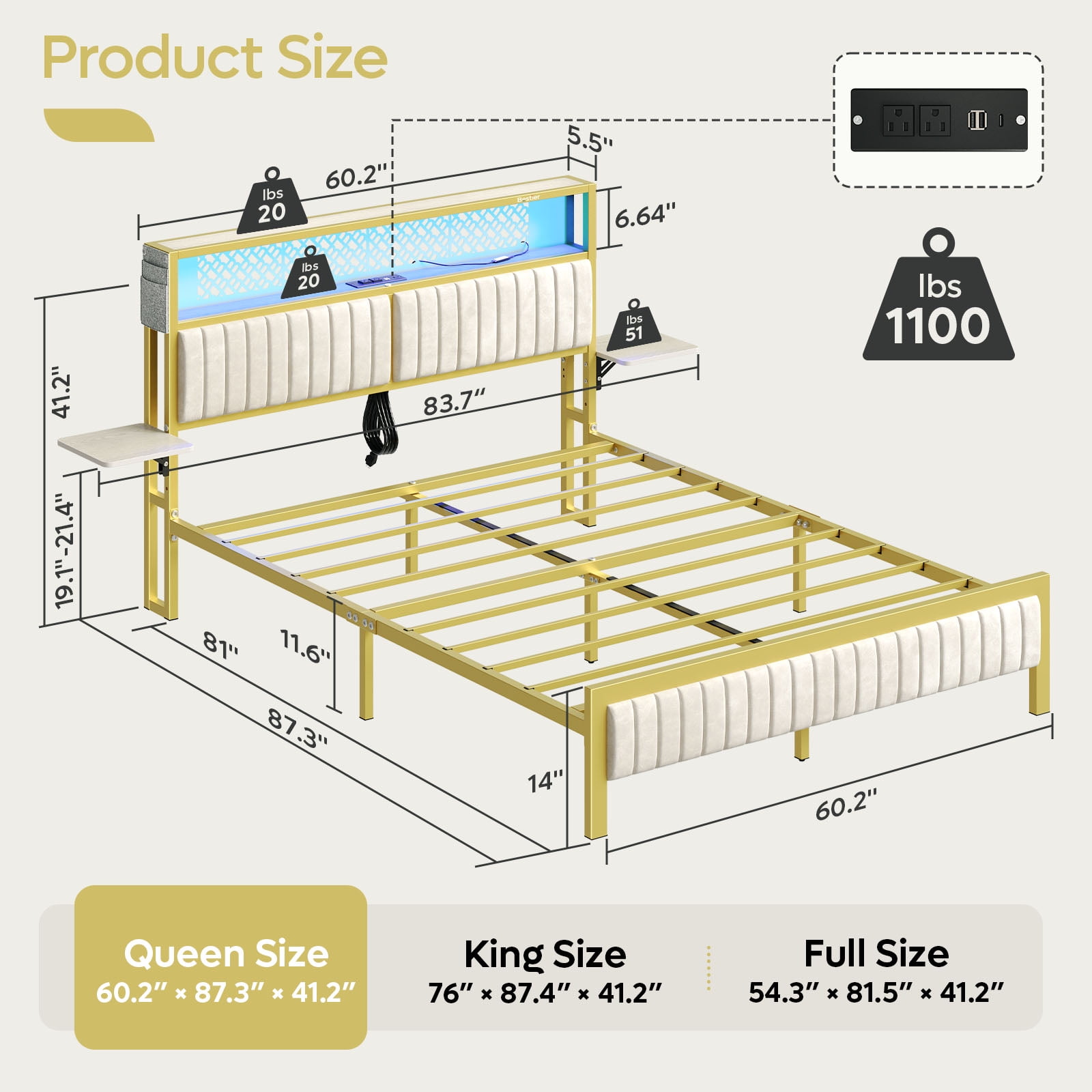 Bestier Queen Size Bed Frame Upholstered LED Platform Bed with Foldable Trip Shelves and Storage Headboard Charge Station, Off White