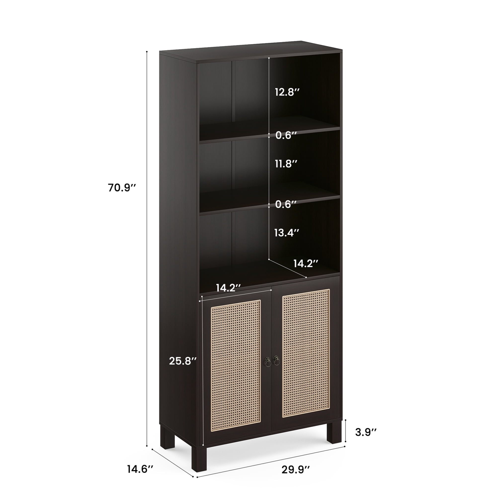 MAYEERTY 5-Shelf Bookcase with Rattan Doors, Tall Display Shelves for Home Office & Bedroom,Dark Walnut