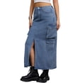 thumbnail image 4 of INSPIRAR CHIC Falda Larga de Mezclilla con Abertura Frontal, Botones, Cintura Elástica, Estilo Streetwear, Bolsillos de Solapa, Faldas de Jean L Gris Azul, 4 of 5