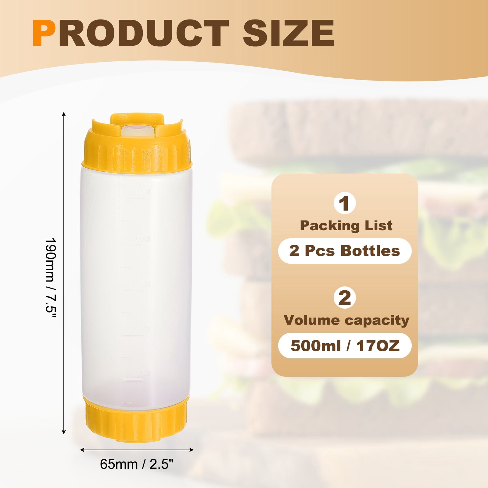 Uxcell Condiment Squeeze Bottles, 2pcs 20 oz Refillable Plastic Squirt Bottle Dispensers Leak Proof for BBQ Cooking Oil Barbecue Seasoning Honey Syrup, Yellow