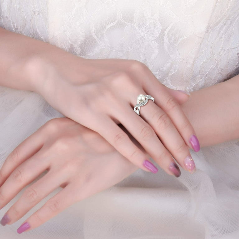 JO WISDOM Women Pearl Ring,925 Sterling Silver Cubic Zirconia