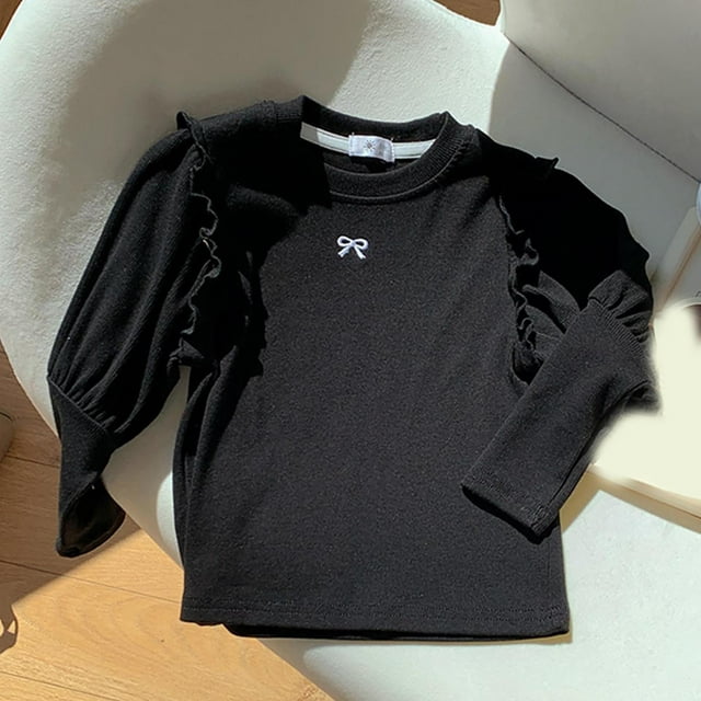 RXIRUCGD Chemise de Base Brodée pour Enfants 1-10 Ans Mode Manches Longues Col Rond (Noir, Taille : 8-10 Ans)