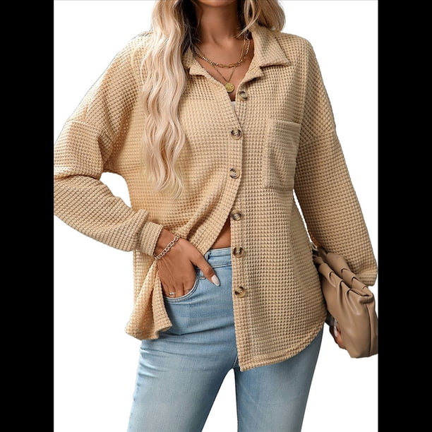 Camisas de Punto Gofre con Botones para Mujer, Chaqueta Informal de Larga, Blusas Estilo Boyfriend, Corte Holgado Albaricoque XL