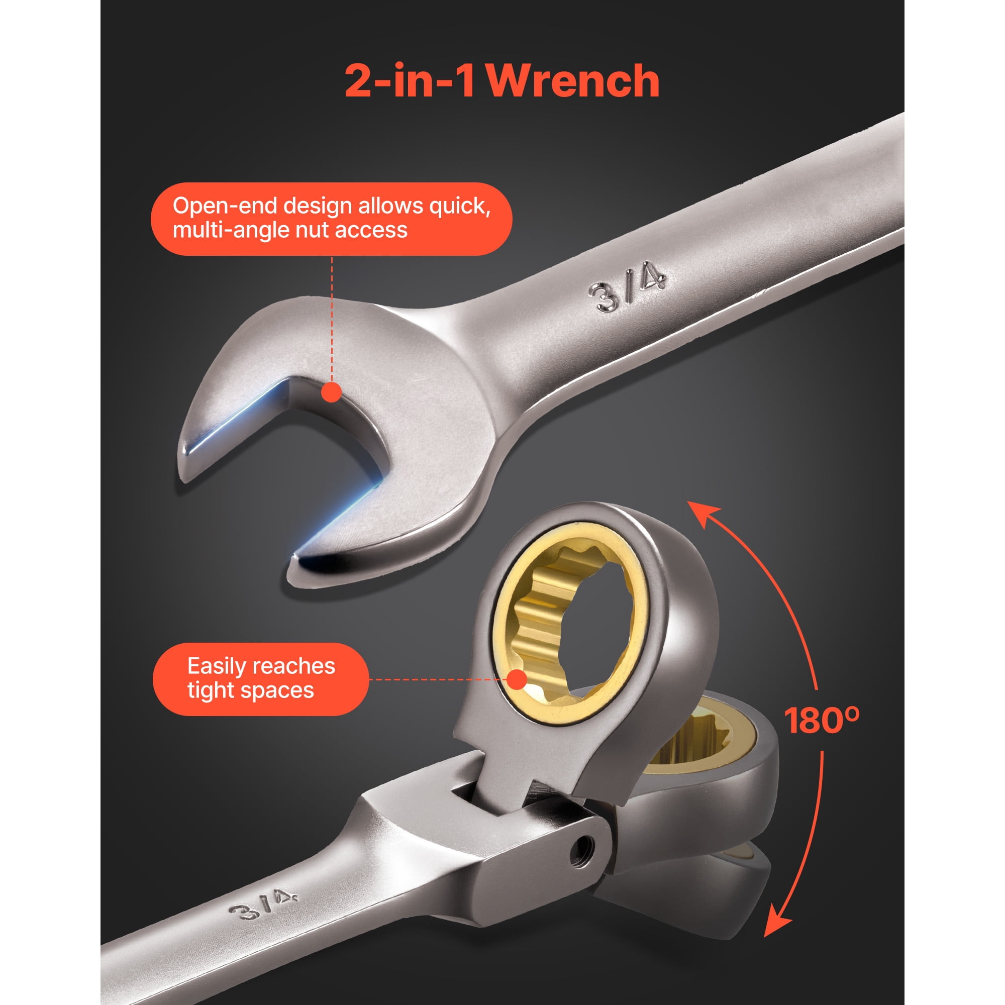 KFFKFF 12-Piece Flex-Head Ratcheting Wrench Set, SAE Sizes, 72-Tooth Cr-V Steel Combination Wrenches with Roll-Up Pouch, Ideal for Household and Automotive Maintenance, Gray Nickel Finish