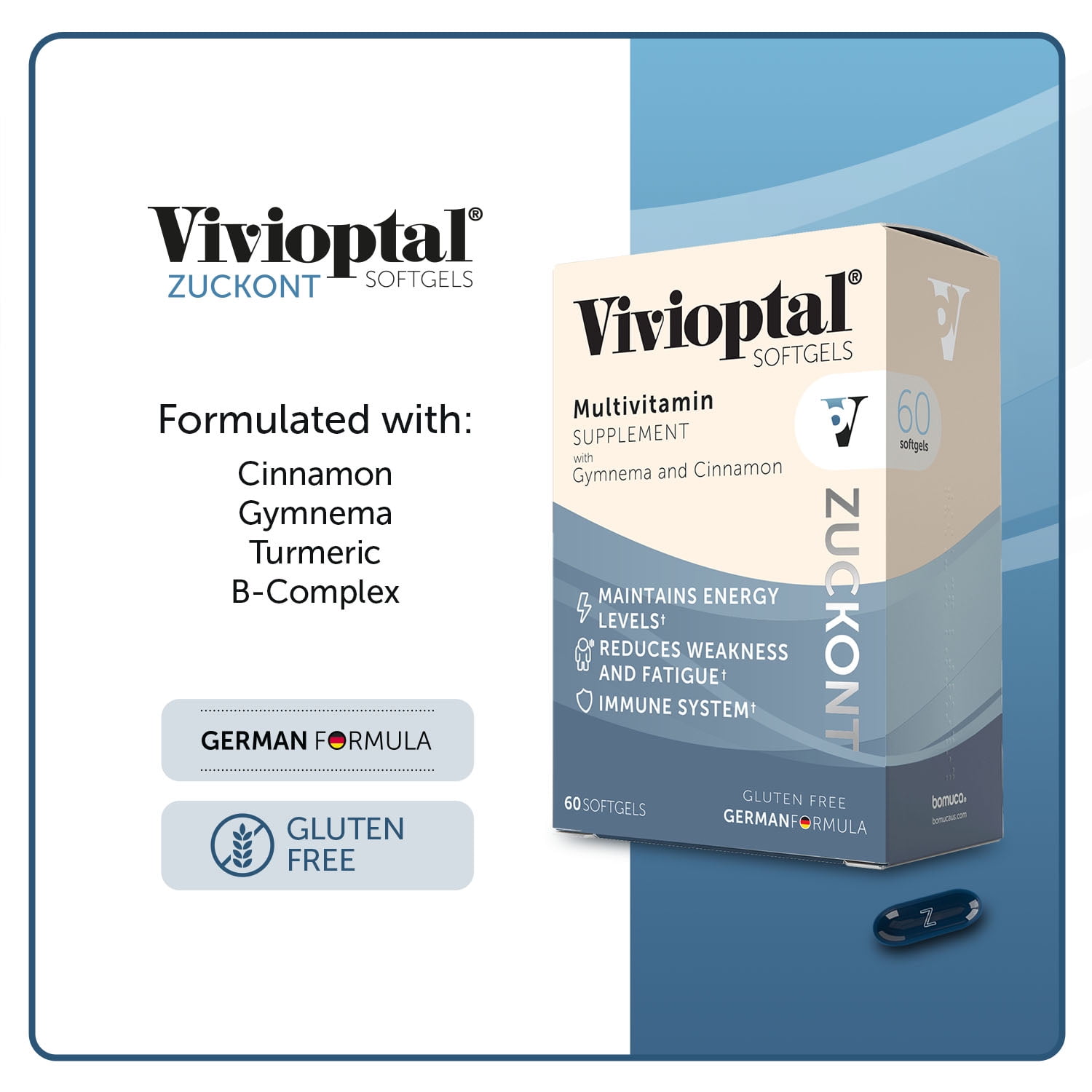 Vivioptal Zuckont 60 Softgels, Gymnema & Cinnamon, Multivitamin & Multimineral, Gluten Free, German Formula
