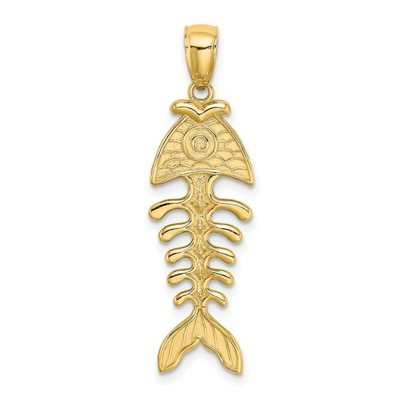 FB Jewels 14K Yellow Gold 3D Fishbone Pendant Textured and High Polish