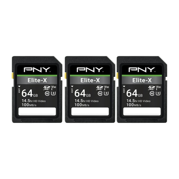 PNY 64GB Elite-X Class 10 U3 V30 SDXC Flash Memory Card 3-Pack - 100MB/s, Class 10, U3, V30, 4K UHD, Full HD, UHS-I, Full Size SD
