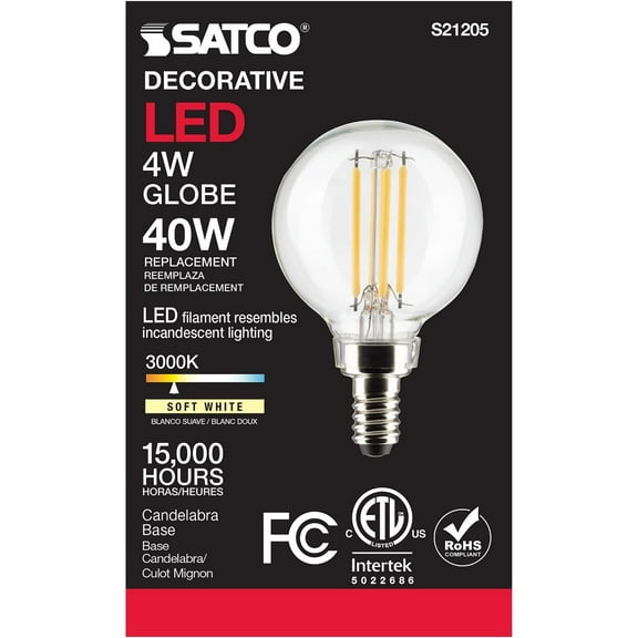 Satco S21205 G16.5 Globe LED Light Bulbs 4W 120V 3000K 90CRI E12 Candelabra Base Dimmable (6 Pack)