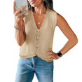 thumbnail image 2 of Women's Sleeveless Button Down Cropped Sweater Vest Cardigan Waistcoat, Scalloped V Neck Knit Vest for Women, Cropped Hollow Out Sweater Vest, Lightweight Textured Knit Beach Vacation Layering Khaki, 2 of 5