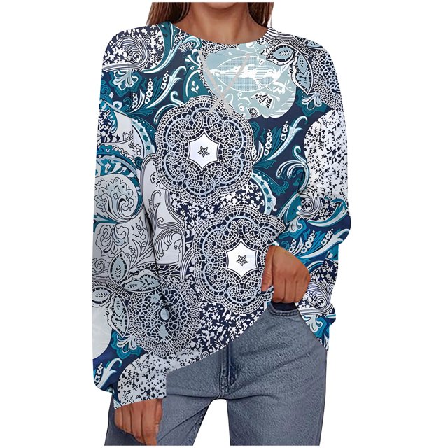 Rbaofujie Vintage Pull pour Femmes Imprimé Col Rond Manches Longues Haut Pull Esthétique Marine Chandails à Capuchon