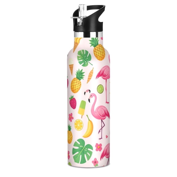 600ml Stainless Steel Water Bottle with Straw/Handle Bike Water Bottle, Flamingo-pink Printed