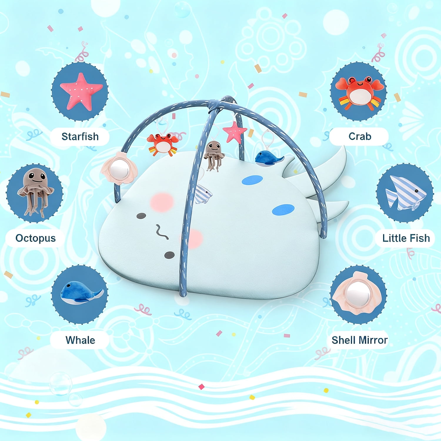 OMZER Baby Play Gym Mat for Infant & Newborn, Baby Activity Mat with 6 Detachable Hanging Toys for Sensory & Motor Skill Development, Ocean Style Playgym