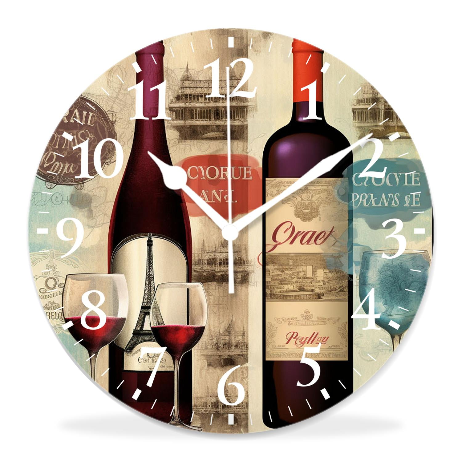 12 Inch Wall Clock Battery Operated Silent Clock Decorative for Office, Kitchen, Outdoor, Living Room,Wine Bottles and Glasses Lovely Art