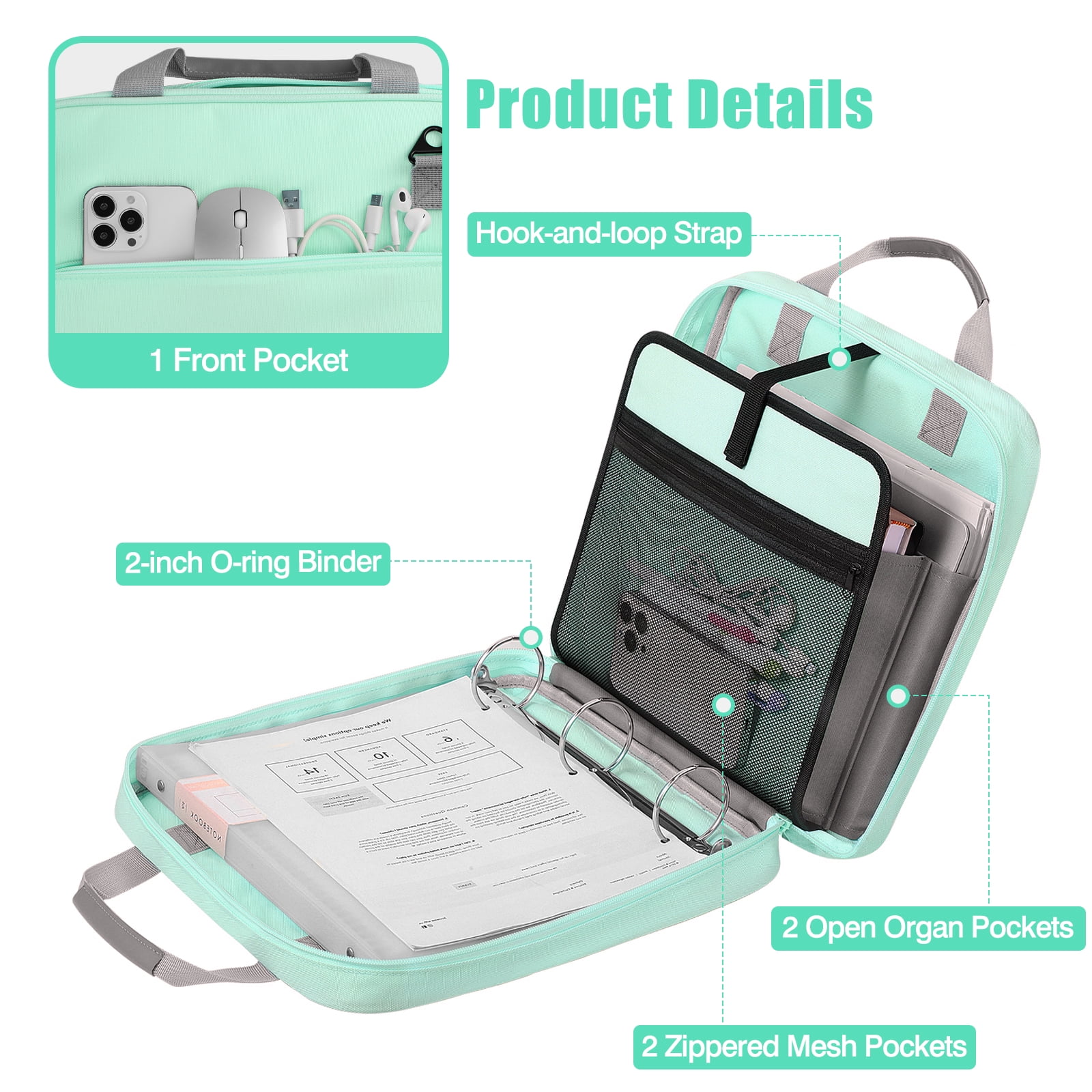 MoKo Zipper Binder, 2 inch 3 Ring 500 Sheet Capacity Multi-Pocket School Binder, School Supplies, Mint Green