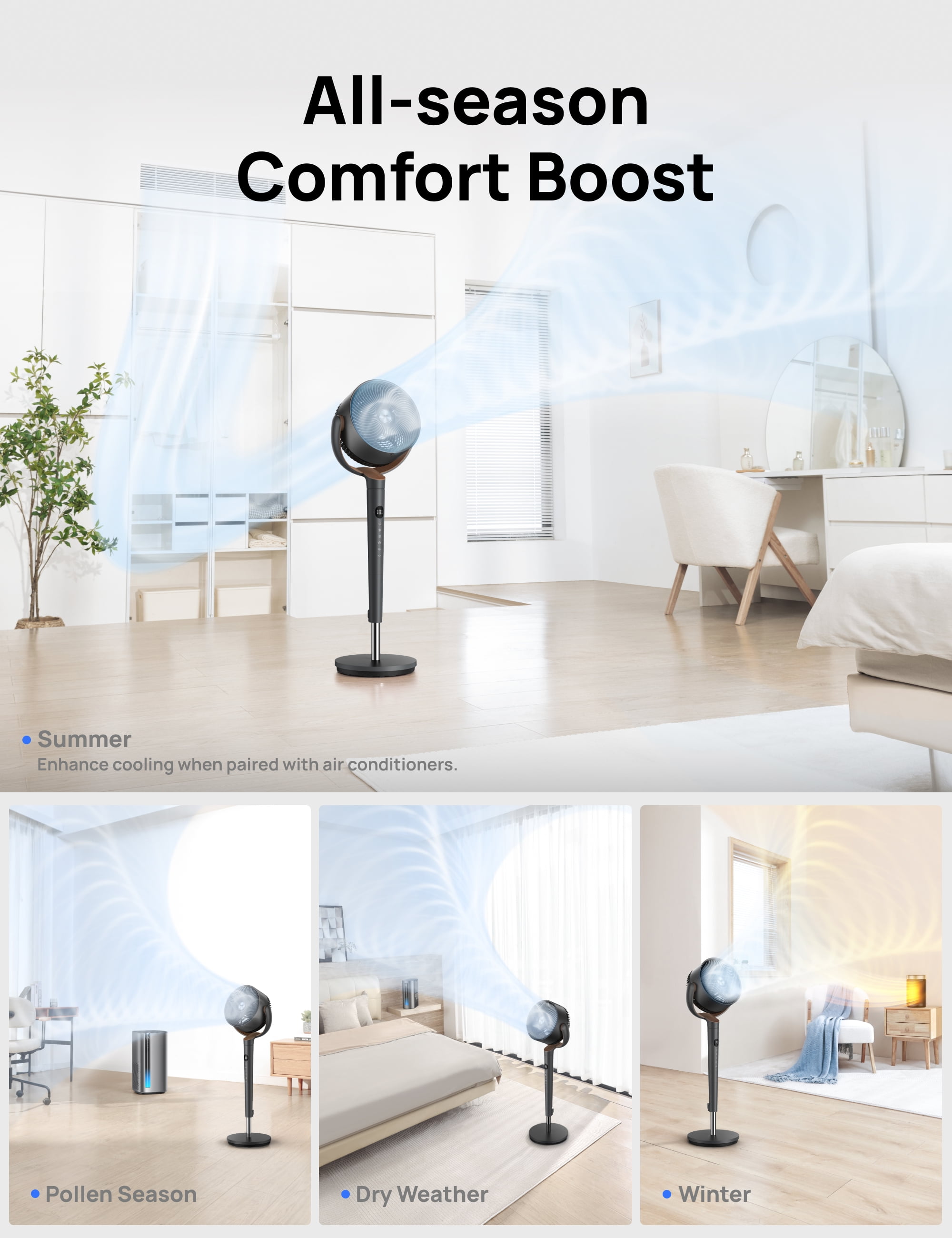 DREO 93ft Pedestal Fans for Home, 20dB Ultra Quiet Fan for Bedroom, 120° Oscillating fan, 9 Speeds, 4 modes, 8H Timer Standing Floor Fan with Remote, 35-40 inch Adjustable Height