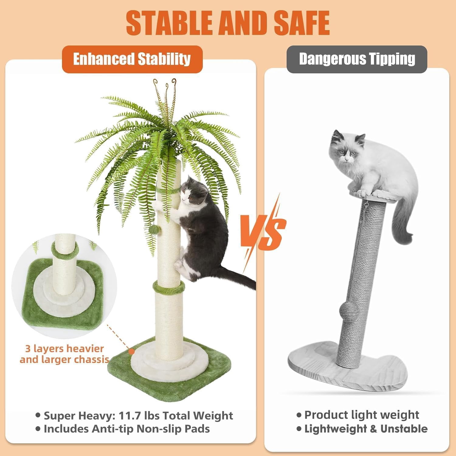 42 Inch Tall Palm Tree  Scratching Post - Heavy Duty  Sisal Rope Vertical Pole with Dangling Ball for Large Cats