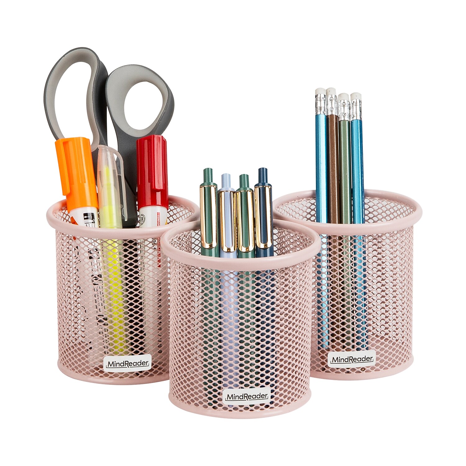 Mind Reader Metal Pen and Accessory Holder Desk Organizer Pink 3-Pieces (CLIPMESH3-PNK)