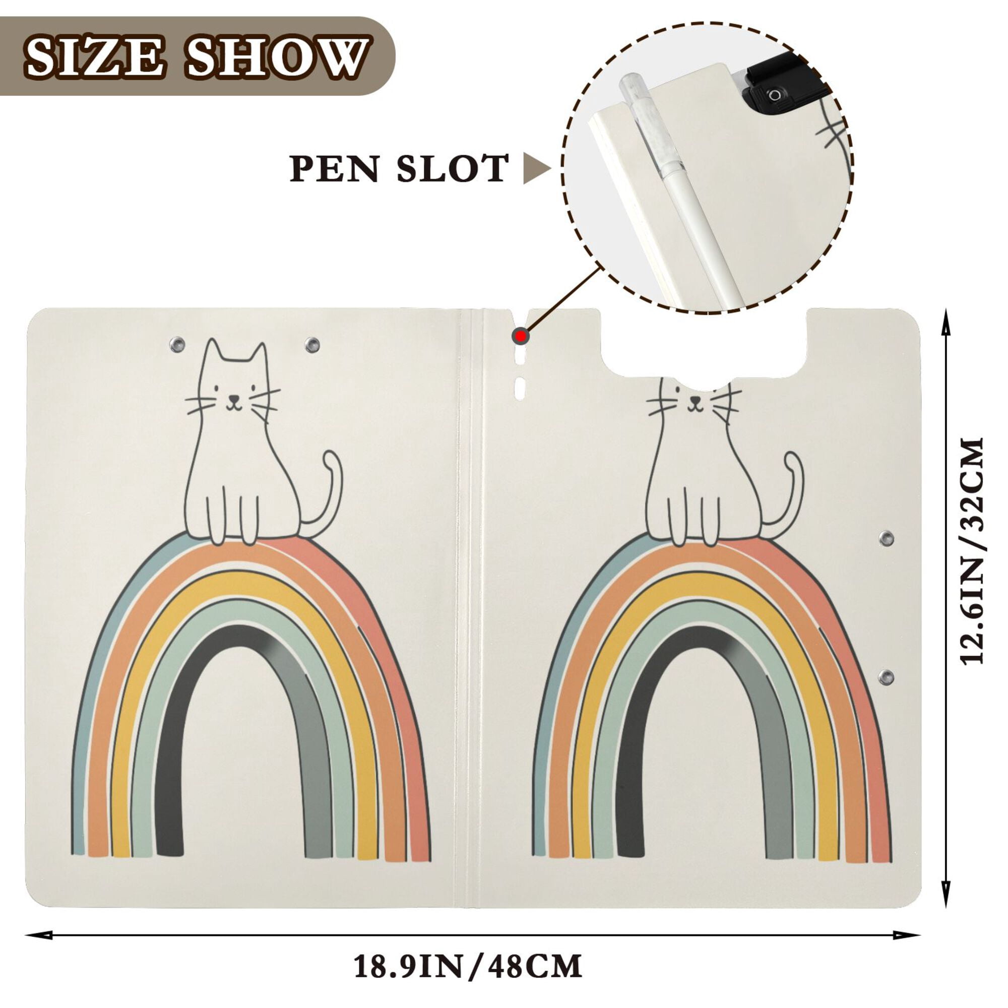 FORMRS A4 Clipboard Folder with Pen Holder Horizontal Foldable School Office Binder, White Cat Rainbow