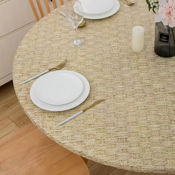 Springrain Round Woven-Pattern Vinyl Tablecloth, Waterproof Flannel Backed Cover, Wipeable for Kitchen & Outdoor, 42"/60", Beige Woven