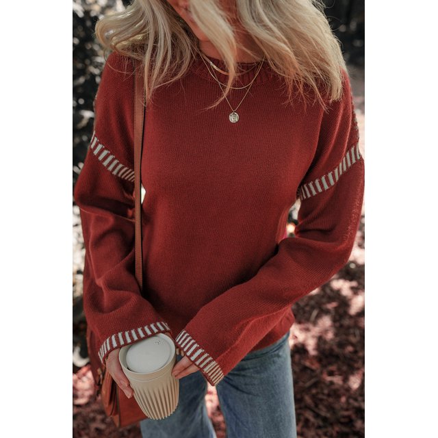 FOLUNSI Flirty Red Dahlia Trim - Oversized Drop Shoulder Sweater