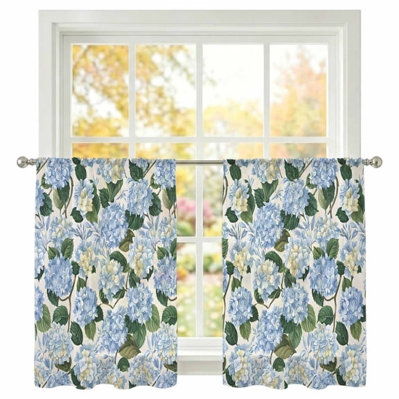 Blue Hydrangea Sheer Curtains 45 inches Long, Floral Country Farmhouse Watercolor Light Filtering Sheer Window Curtains Rod Pocket Voile Drapes for Bedroom Living Room, 2 Panels