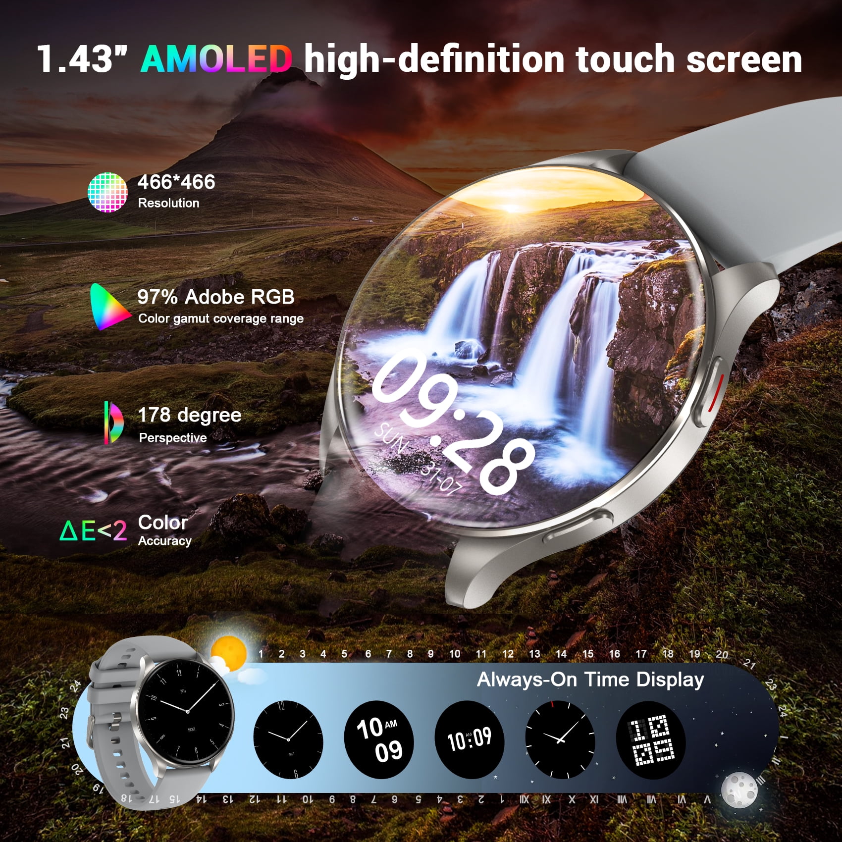 Blackview Smart Watch for Women, 1.43" AMOLED Display Fitness Tracker with Bluetooth Call, 100+ Sports Modes, AI Voice Assistant, 2 Straps, Waterproof Smartwatch for Android iPhone, Sliver