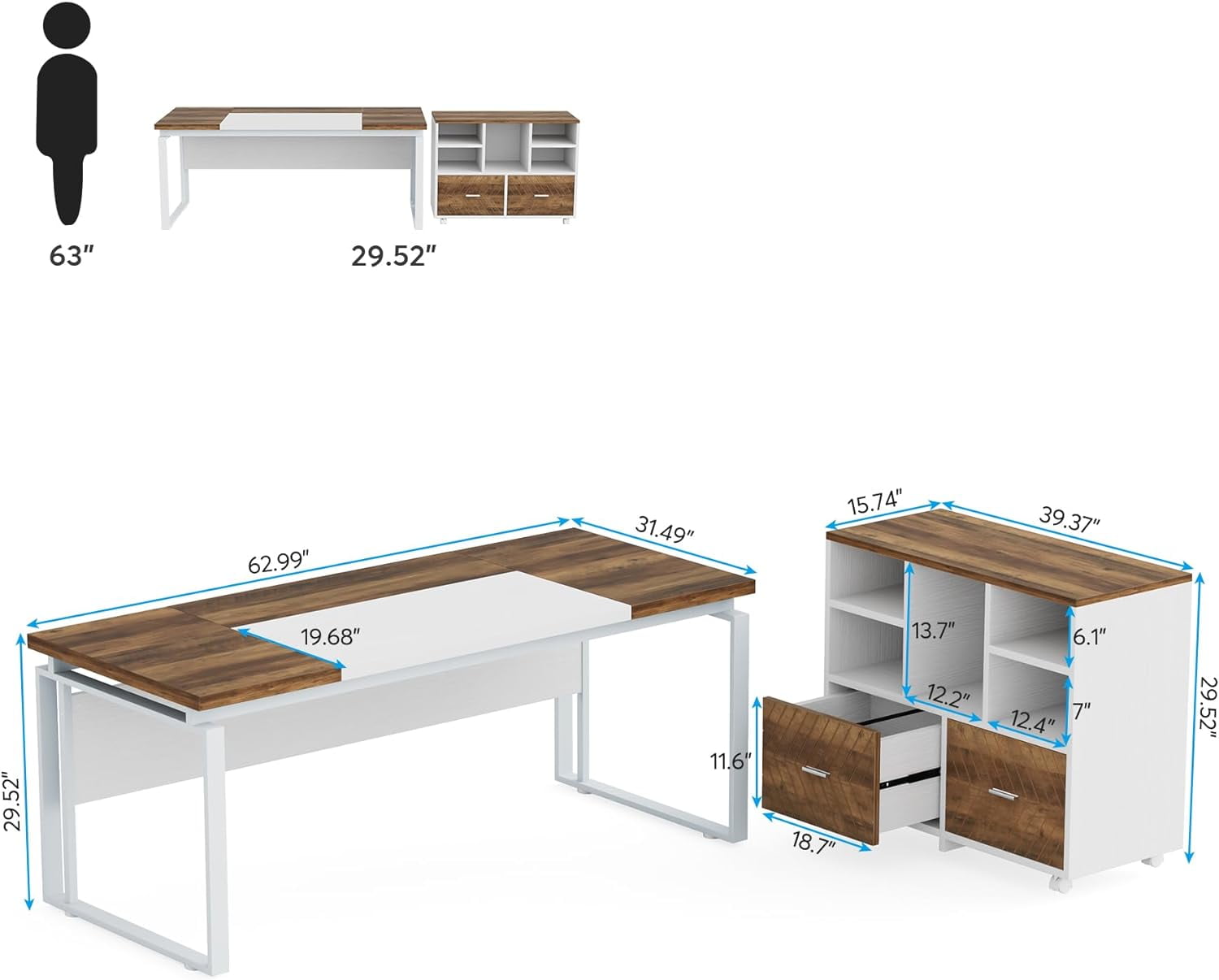 Tribesigns 63 inch L-Shaped Executive Desk with Reversible File Cabinet, Office Desk with Storage Drawers, Oak Karo & White