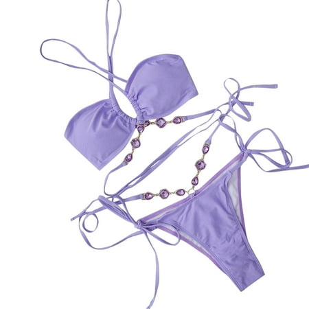Puntoco 2025 Summer Beach Swim Bathing Suits Women s Solid Color Swimsuit+Swimming Trunks and Fashionable Bikini Split Swimsuit Purple 2-4(S)