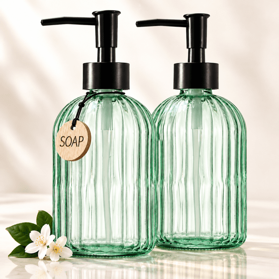 Green Soap Dispenser Glass Hand Soap Dispenser 2 Pack Refillable with Black Pump Bathroom Accessories Kitchen Countertop Ribbed Round Liquid Bottle