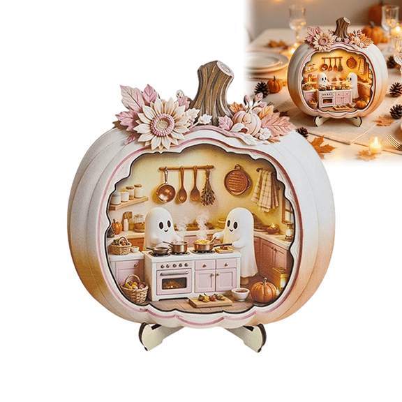 Halloween Cute Ghost Pumpkin Mini House, Pumpkin Miniature Kitchen Scene, Wooden Ghost Decor, Halloween Home Desktop Decor, Gifts for Women, Halloween Gifts 7.87x7.87 inches