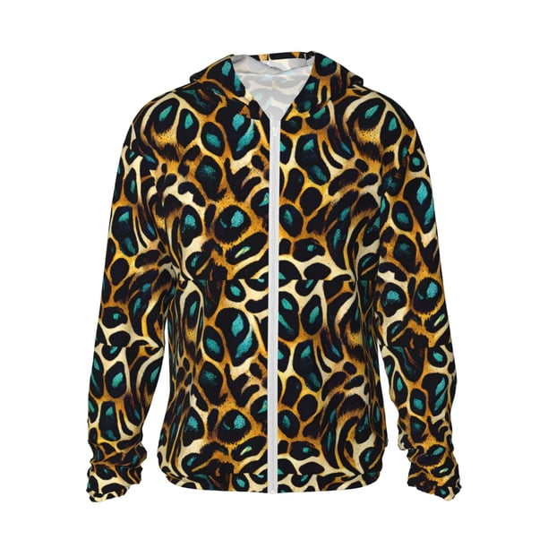 Balery Teal Leopard Sudadera ligera de manga larga con capucha y protección solar UPF 50+ para hombre y mujer, ideal para pesca y running-XX-Large