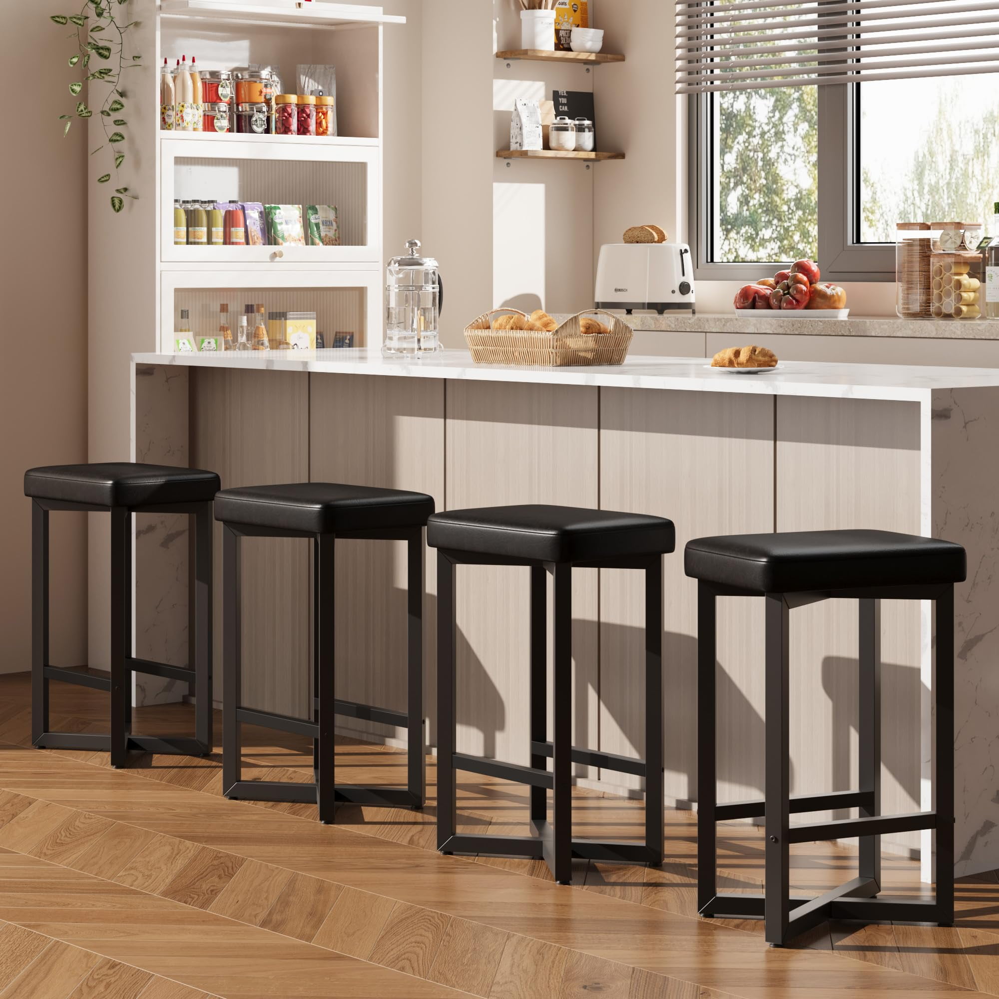 Bar Stools Set of 4, Counter Height Bar Stools, Upholstered PU Leather Seats, Mid-Century Modern Counter Stools, 24.6-Inch Tall, Kichen Home Bar Dining Room